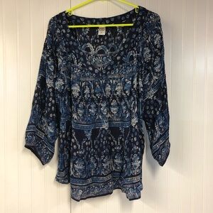 Bila Blue Floral Women's Top Pullover 3/4 Sleeve Boho Peasant XL